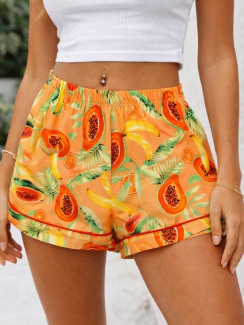 Joyspun Tropical Fruit Papaya Banana Palm Novelty Print Shorts M Summer Resort